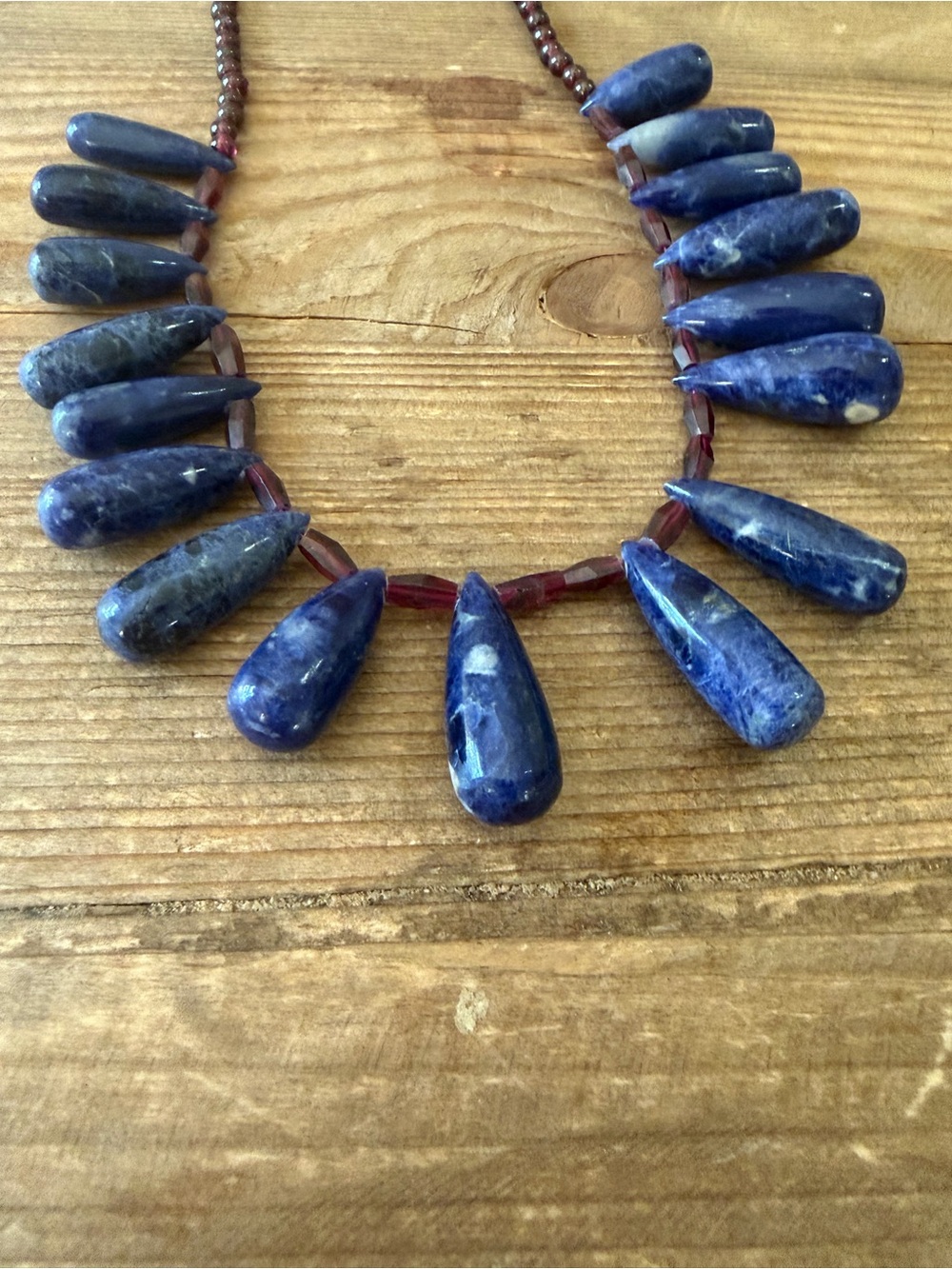 Vintage Artisan Lapis Lazuli & Garnet Statement Necklace – Sterling-Tone Hook